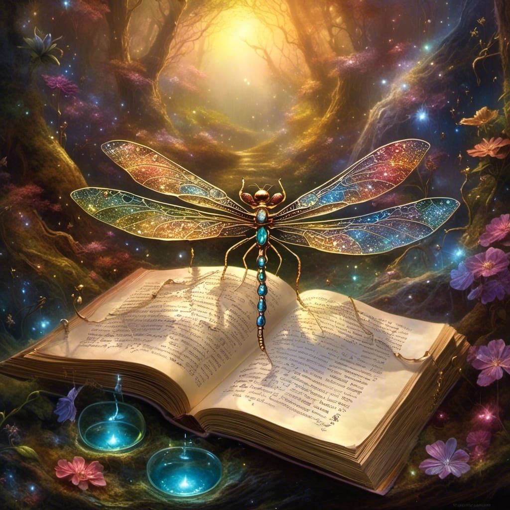 Magical Dragonfly with Candle and Open Book