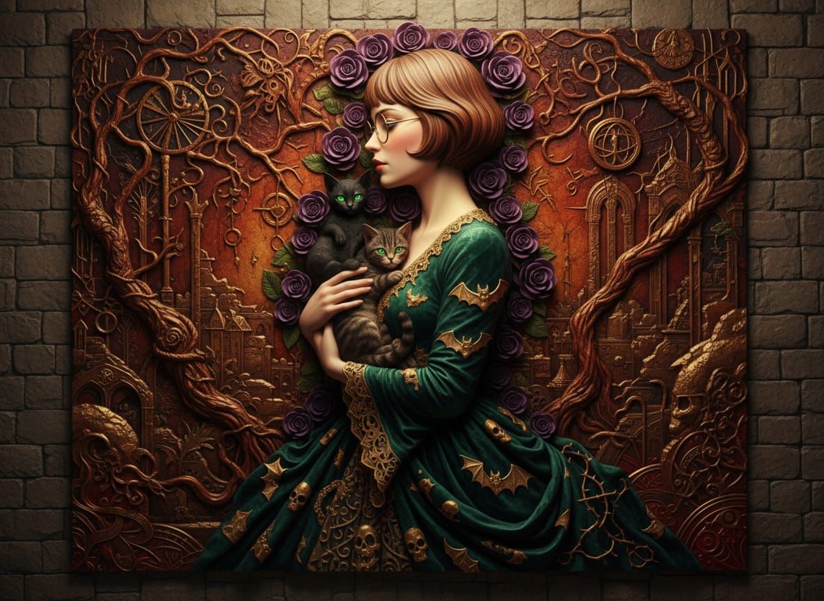 Goth-Baroque Lady with Kittens and Roses