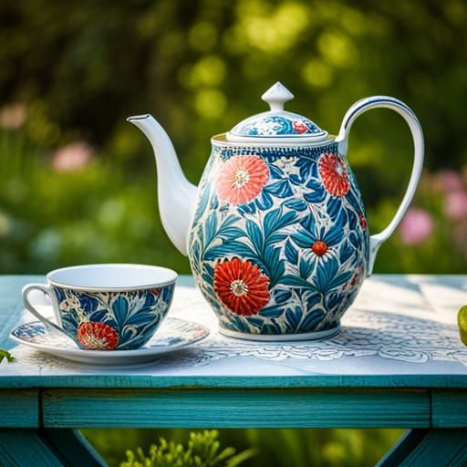 Teapot and Cups in Garden, William Morris Style