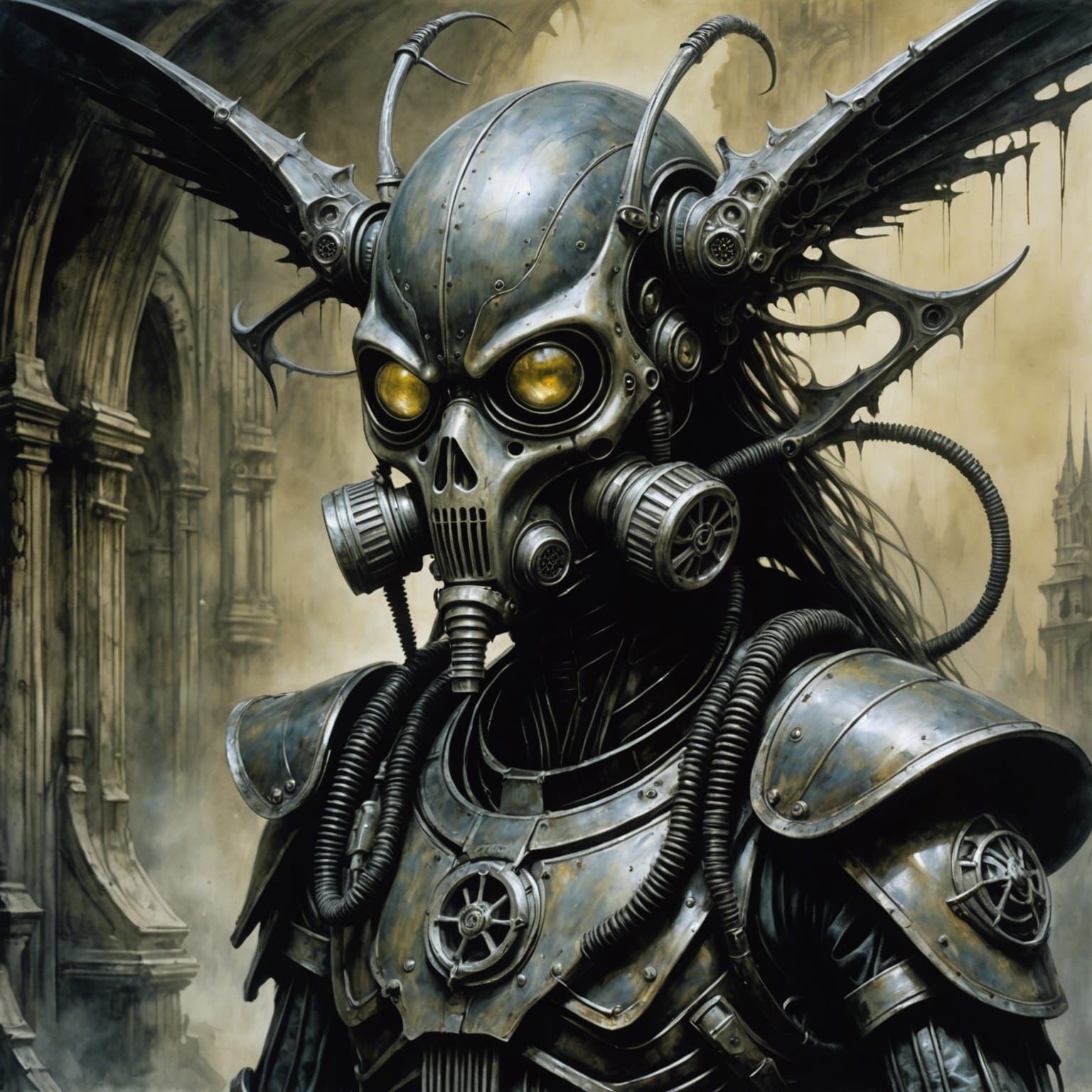 Alien Archangel with Gas Mask in Painterly Style