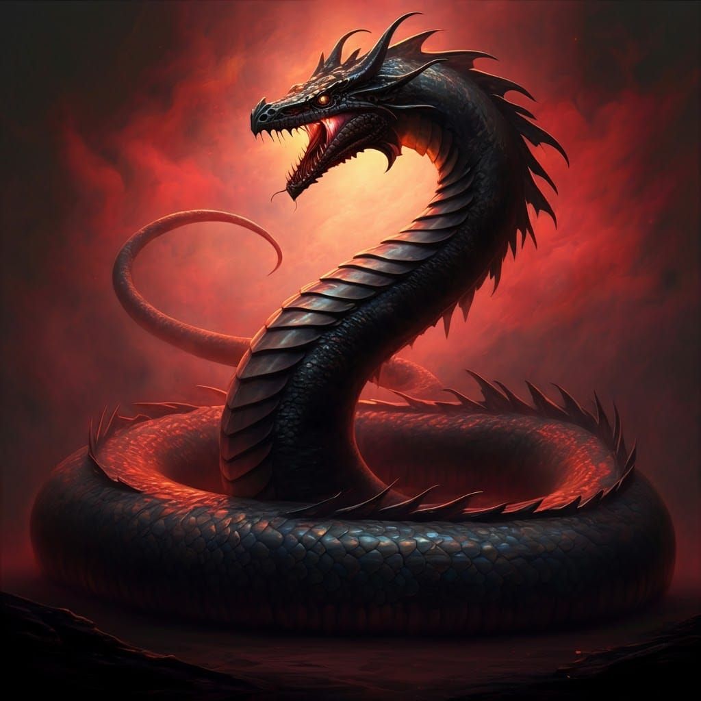 a large basilisk snake with a glowing red mist surrounding it