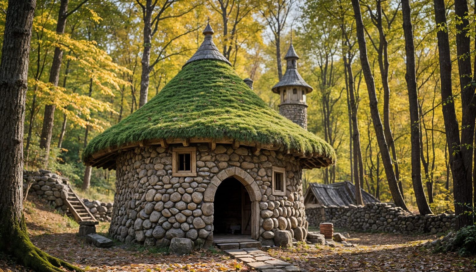 Rustic Stone Hut with Curvy Roof in Woods