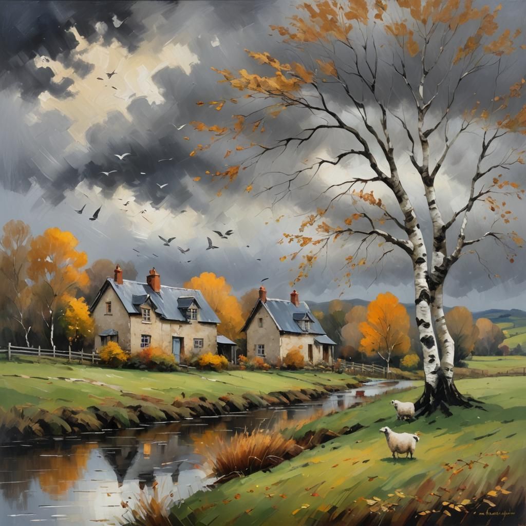 Impressionist Oil Painting: Golden Birds in Autumn