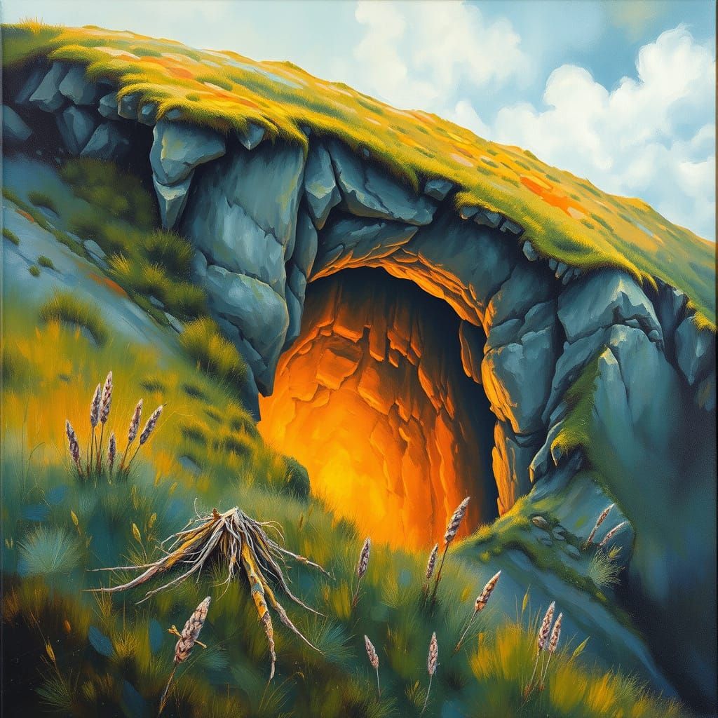 Mysterious Hill Cave Entrance, Epic Impressionist Masterpiec...
