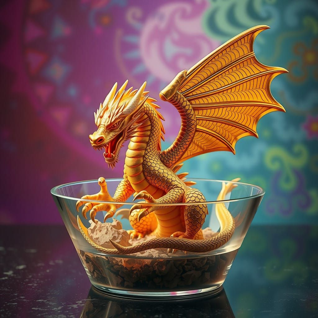 Golden ornate dragon supporting and rising through a glass table. Hyperrealistic, splash art, concept art, mid shot, int...