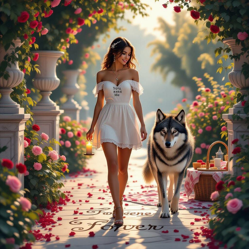Romantic Encounter: Woman and Wolf on Rose Path