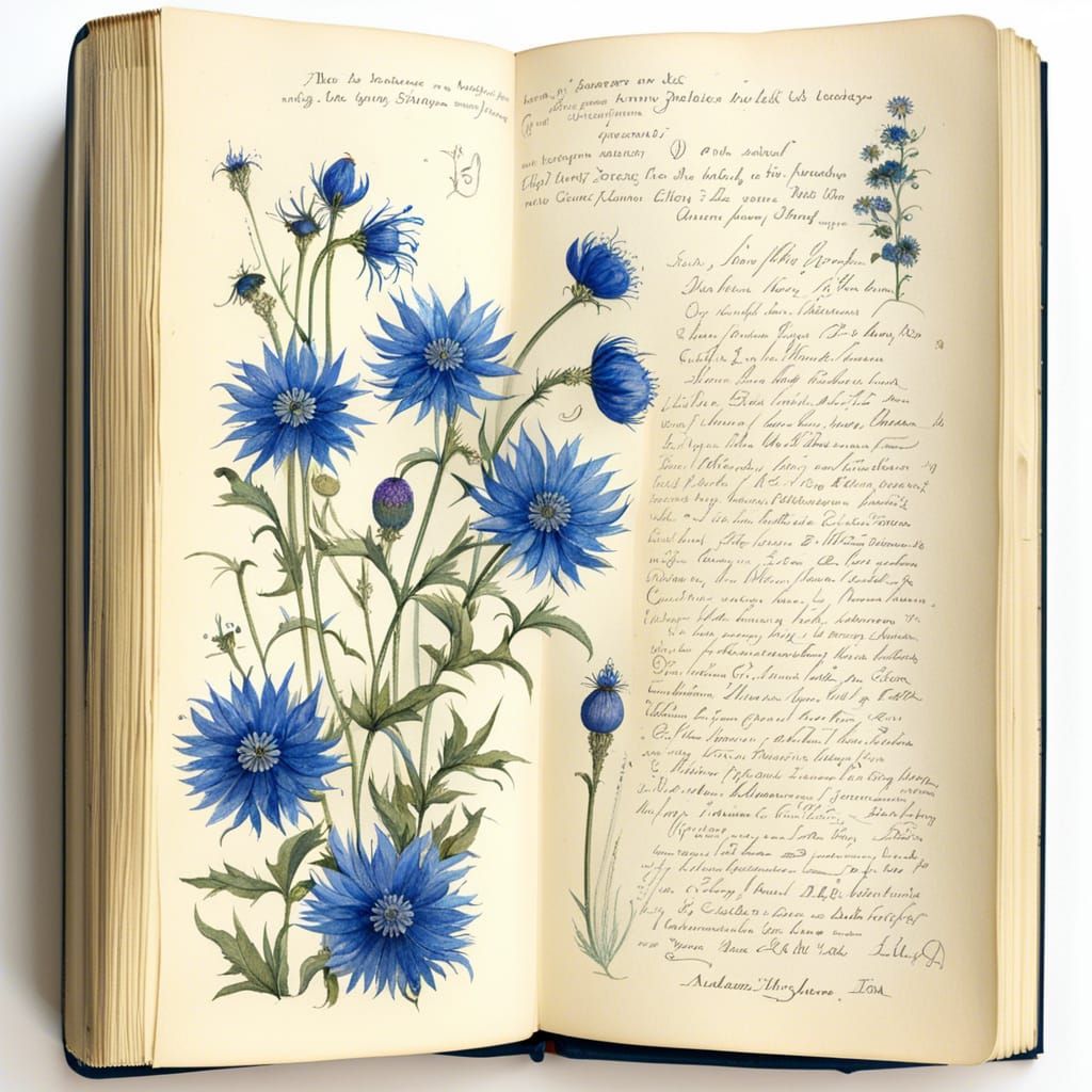 Cornflower Botanical Illustration in Edwardian Style