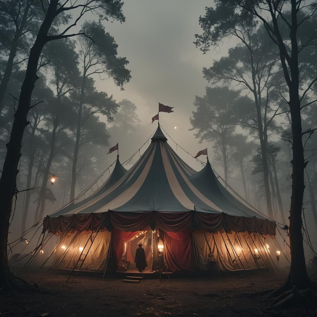Creepy Foggy Circus Tent in Victorian Horror Style