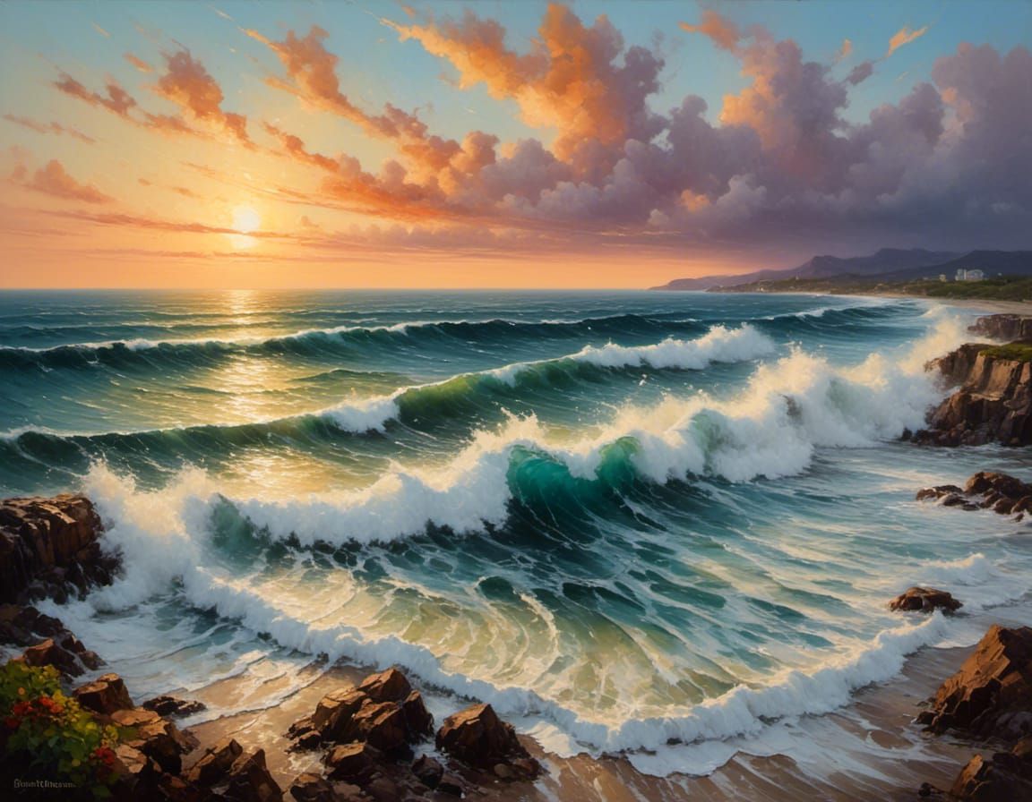 Tropical Sunset Beach With Crashing Waves in Dark Fantasy St...