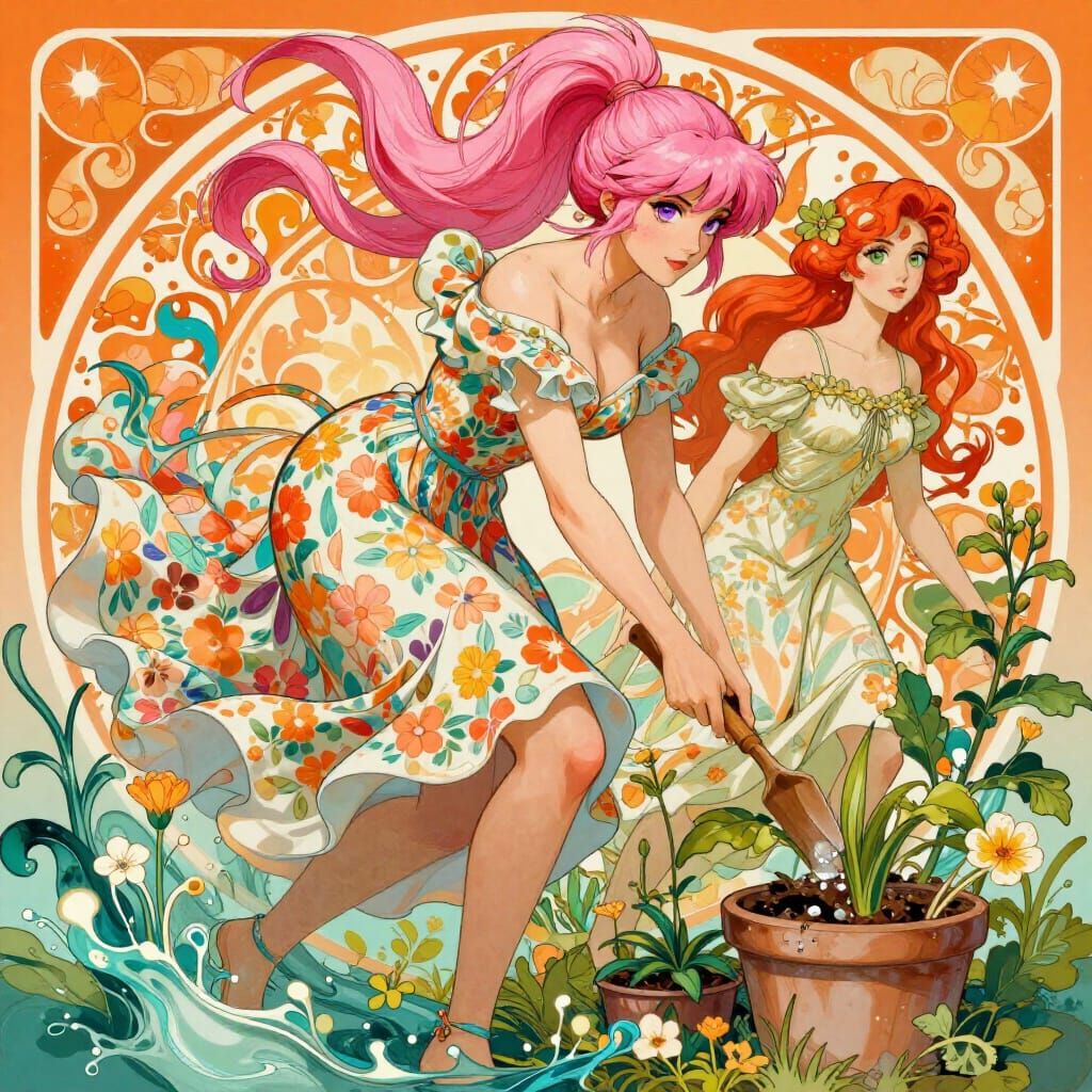 Two Women Gardening in Alcohol Ink Style