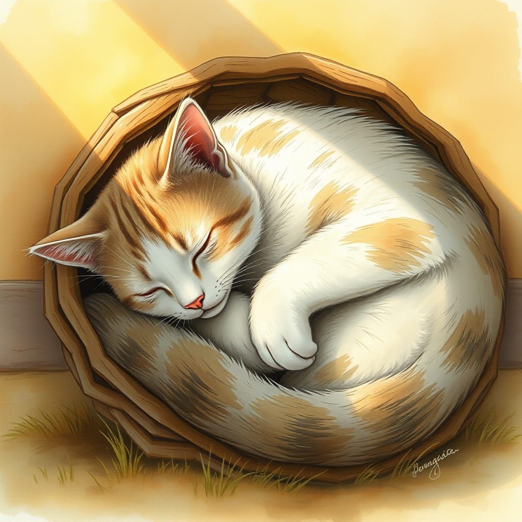 Sleeping Cat in Whimsical Watercolor Style
