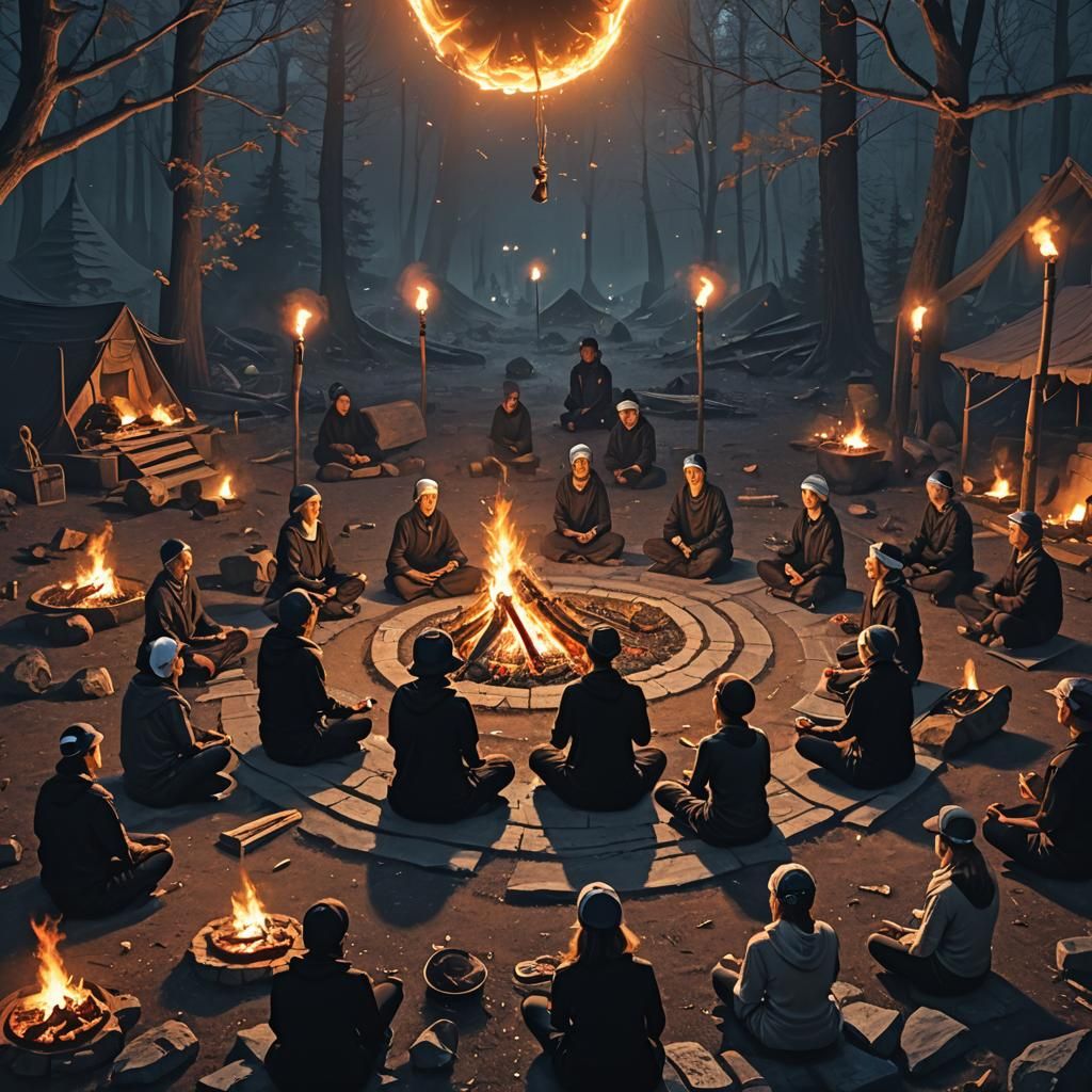 Meditating Women Campfire Scene in Detailed Matte Painting