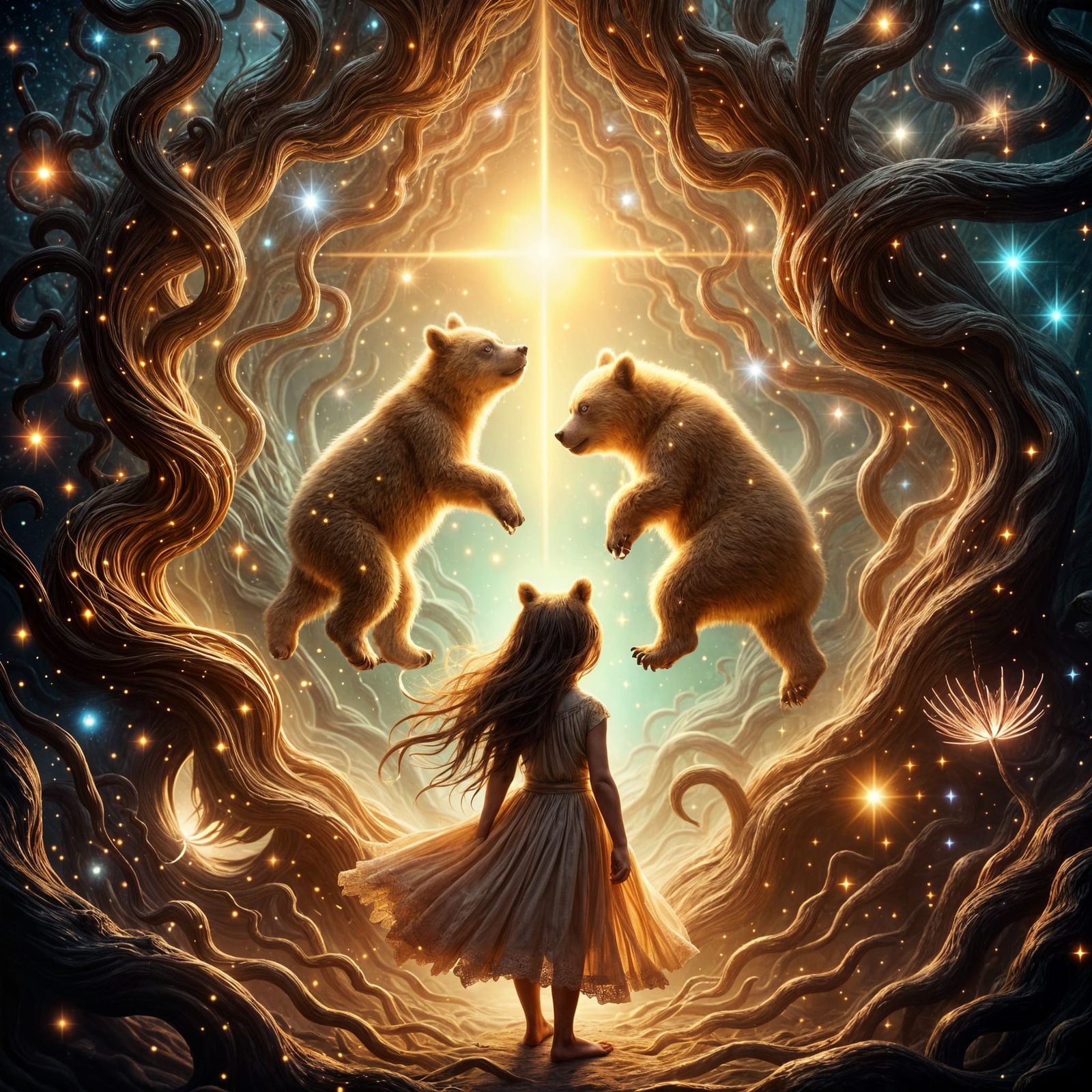 Surreal Maze: Dancing Bear Cubs in Womb