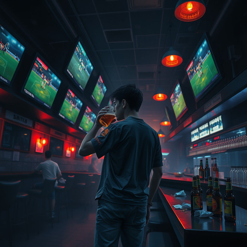 Contemplative Soccer Fan in Neon-Lit Sports Bar