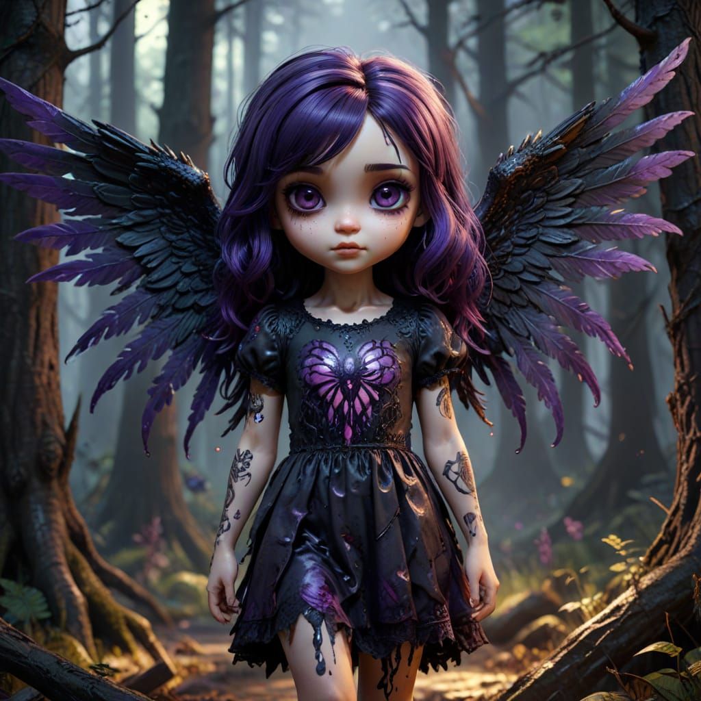 Gothic Angel in 18k Alcohol Ink Oil Drip Effect Chibi Style