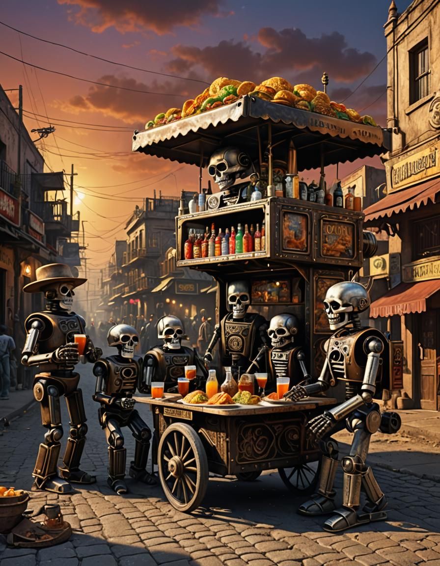 Steampunk Robot Mariachis Celebrate Dia de los Muertos