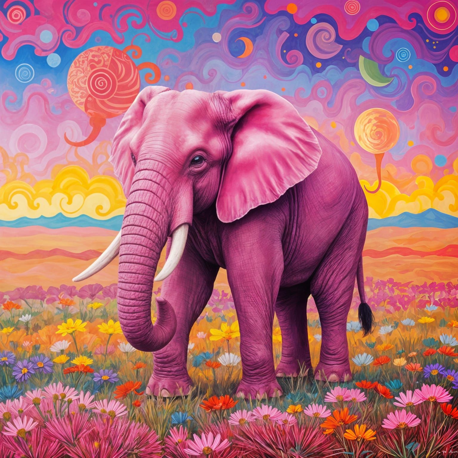 Vibrant Pink Elephant on Colorful Background