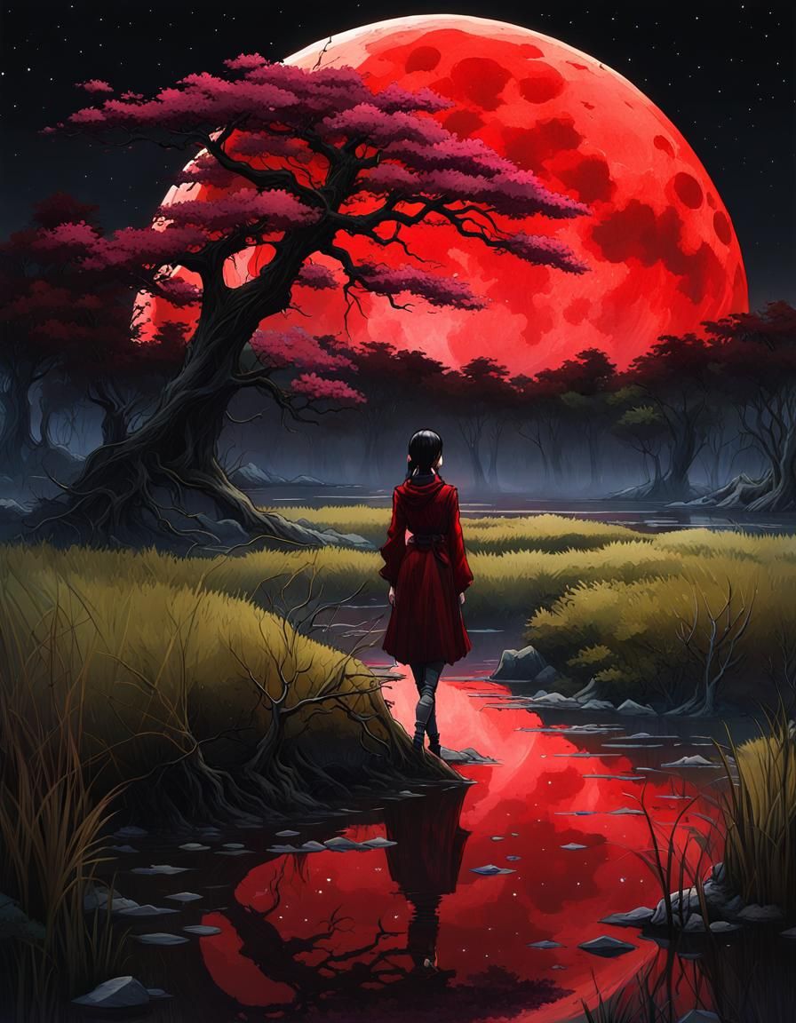 Blood Moon Over Sakura Marsh in Gothic Art