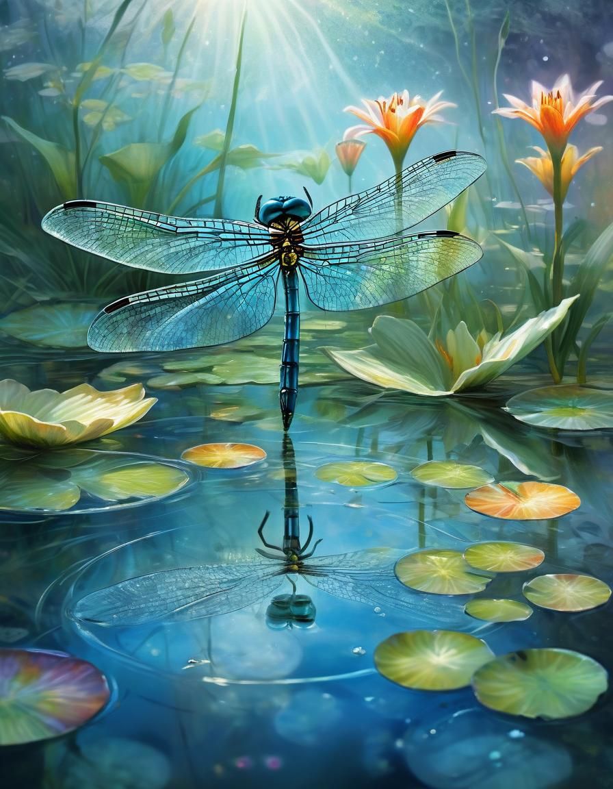 Dragonfly and Lily Pond: Watercolor Fantasy Art