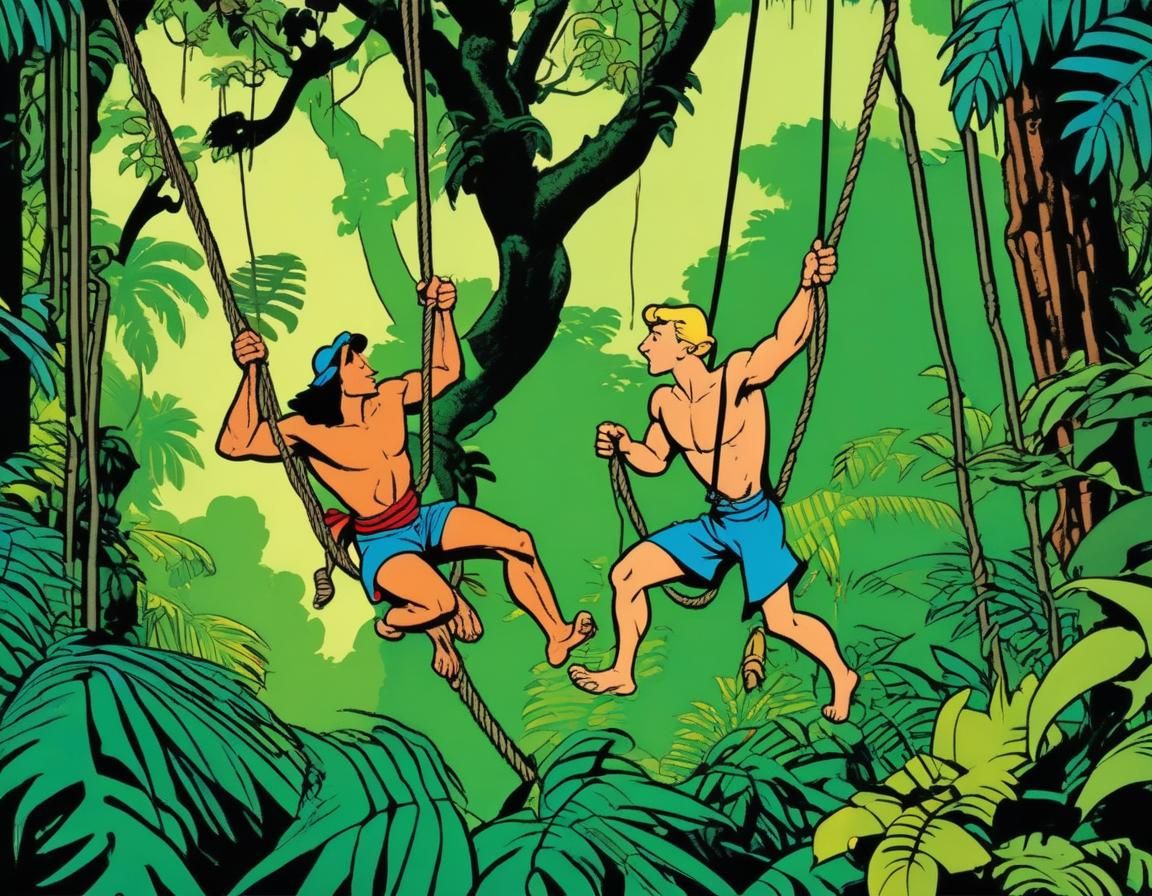 Tarzan and Boy's Jungle Adventure: Cartoon Illustration