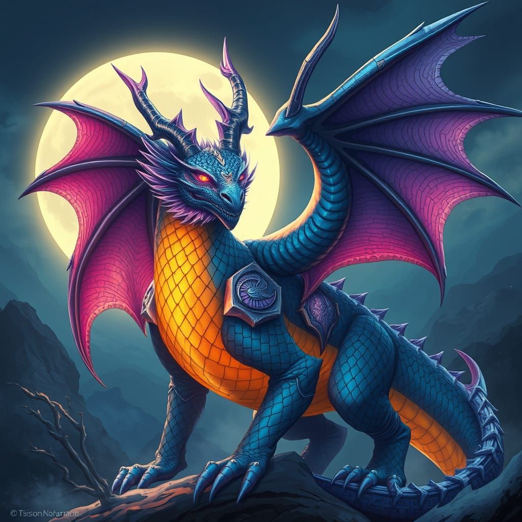 Dragon Hybrid in Moonlit Scene, Digital Painting