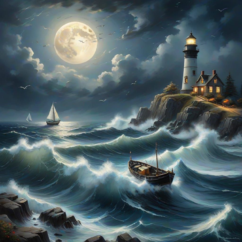 Moonlit Ocean Collision in Expressive Oil Brushstrokes