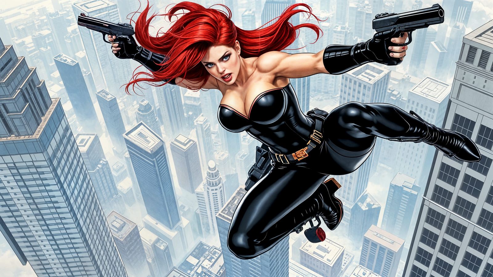 Black Widow Leaping with Pistols, Red Hair Flowing