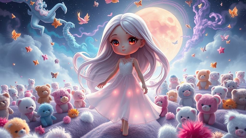 Anime Girl in Plushie Landscape with Falling Beanie Babies