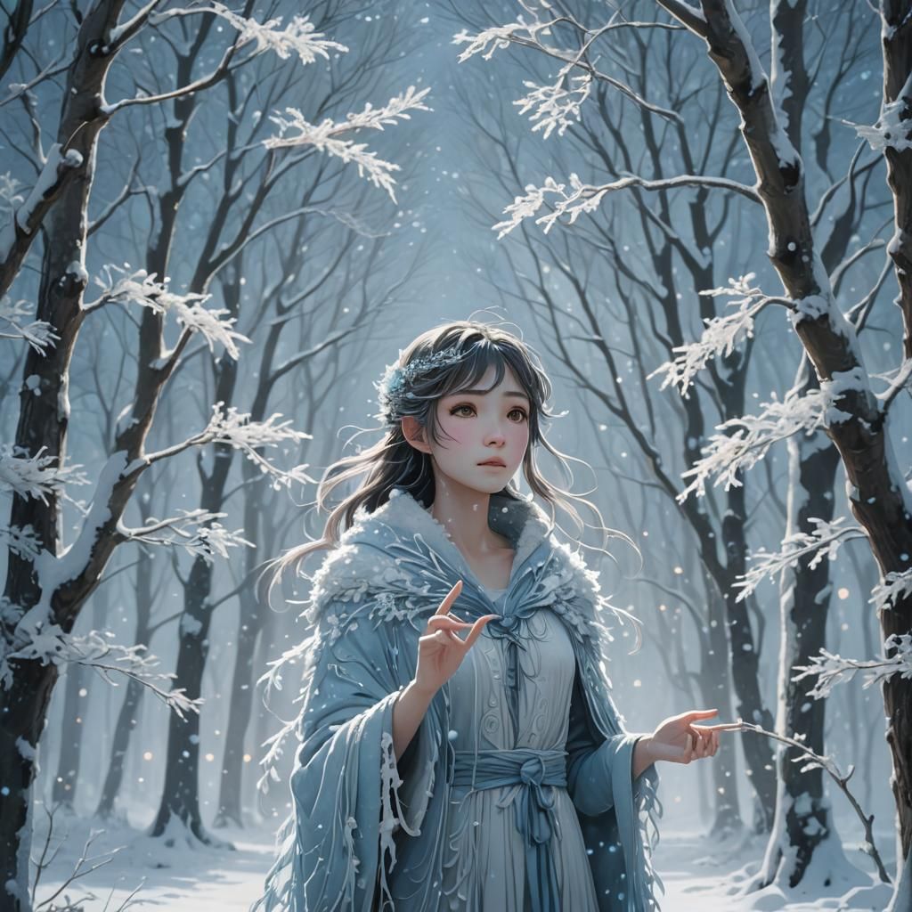 Winter Fae Summoning Frost in a Snowy Forest