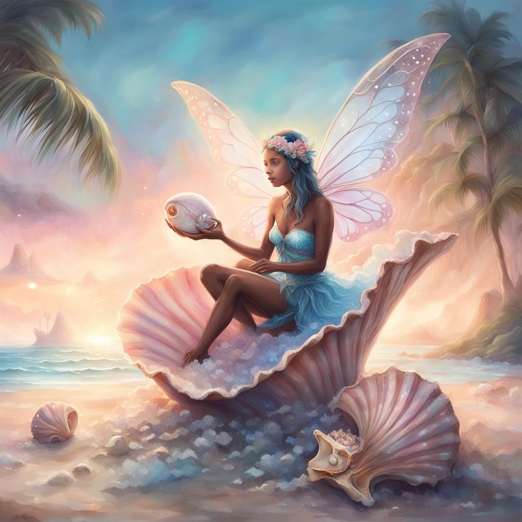 Fairy in Conch Shell on Beach, Fantasy Art