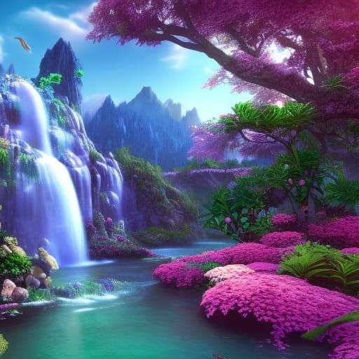 Ethereal Heavenly Garden Landscape in Detailed Matte Paintin...