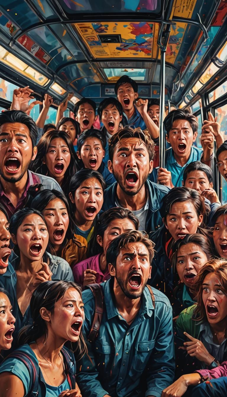 Shocked People on Bus in Hyperrealistic Splash Art