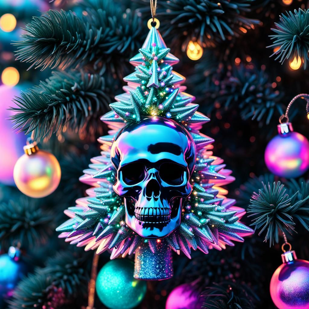 Holographic Vaporwave Christmas Tree with Gothic Baubles