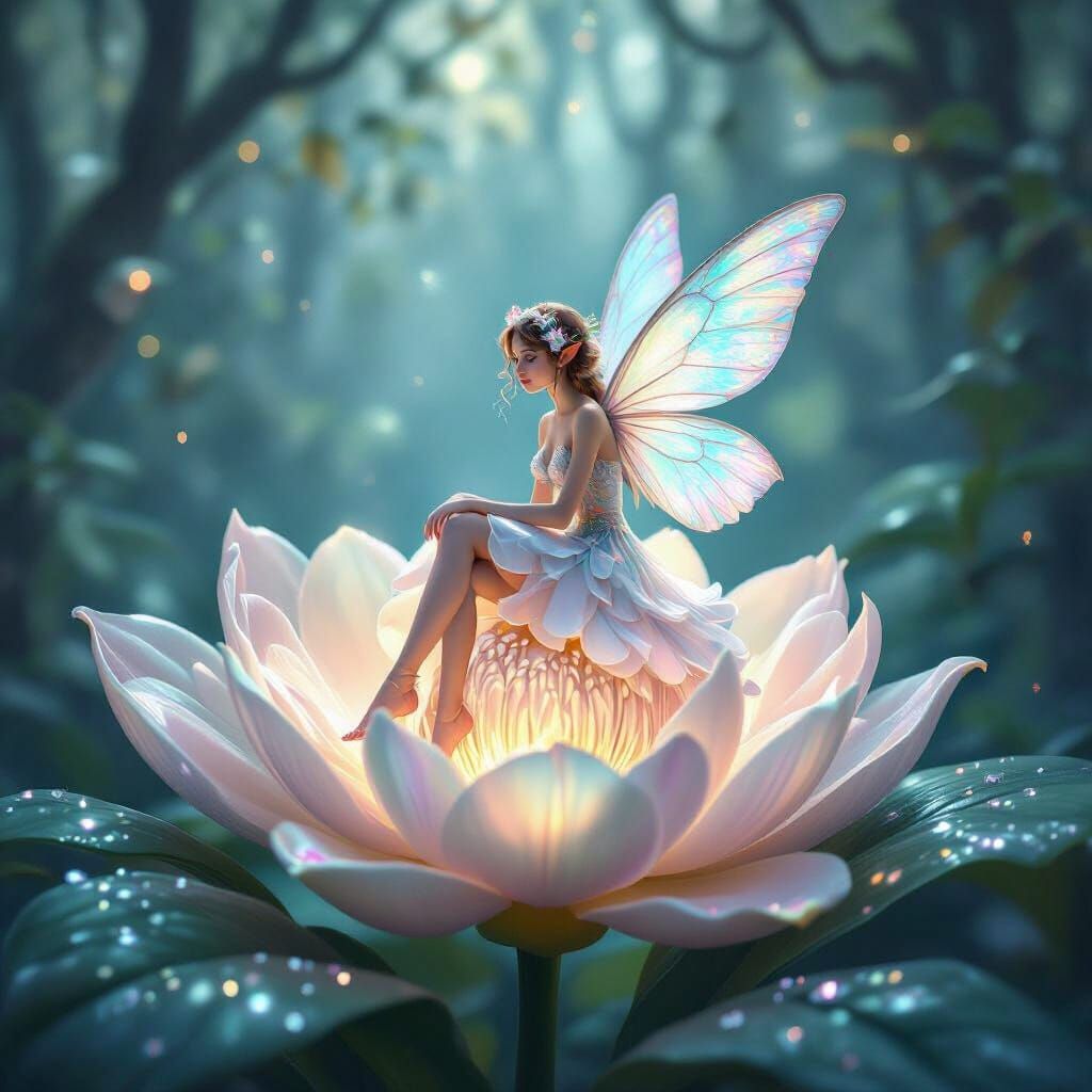Fairy on Luminescent Orchid in Pearlescent Forest