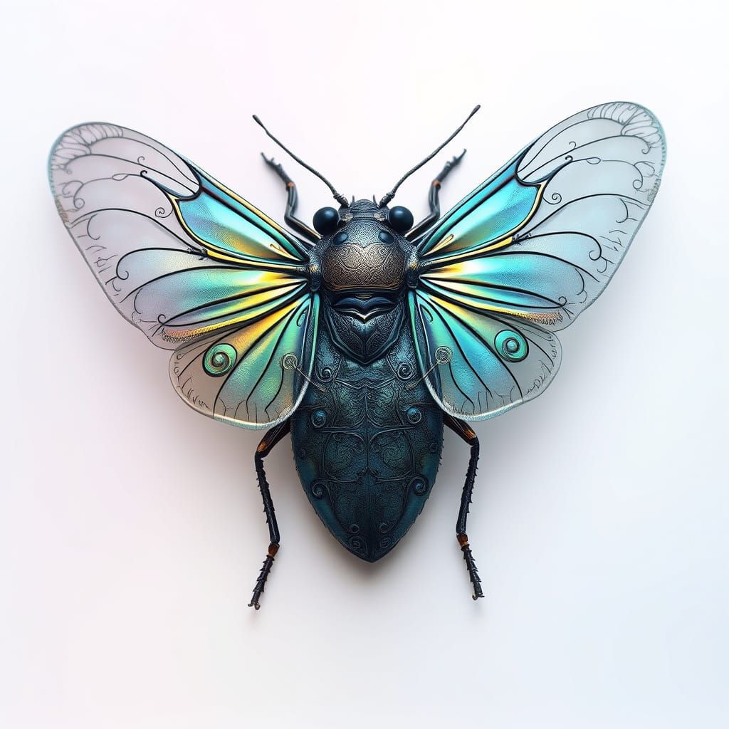 Whimsical Cicada in Dreamlike Holographic Charcoal Style