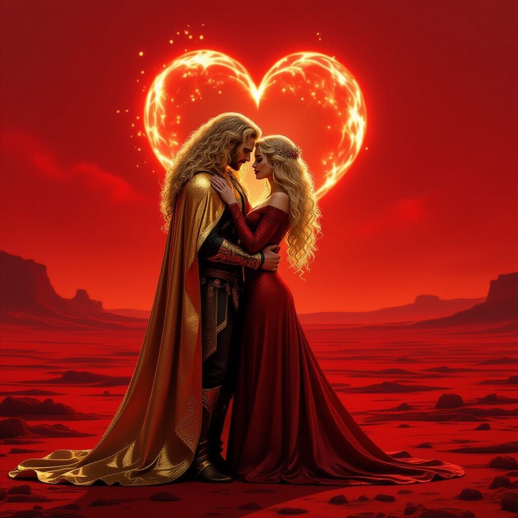 Fiery Couple in Red Wasteland Under Red Moon