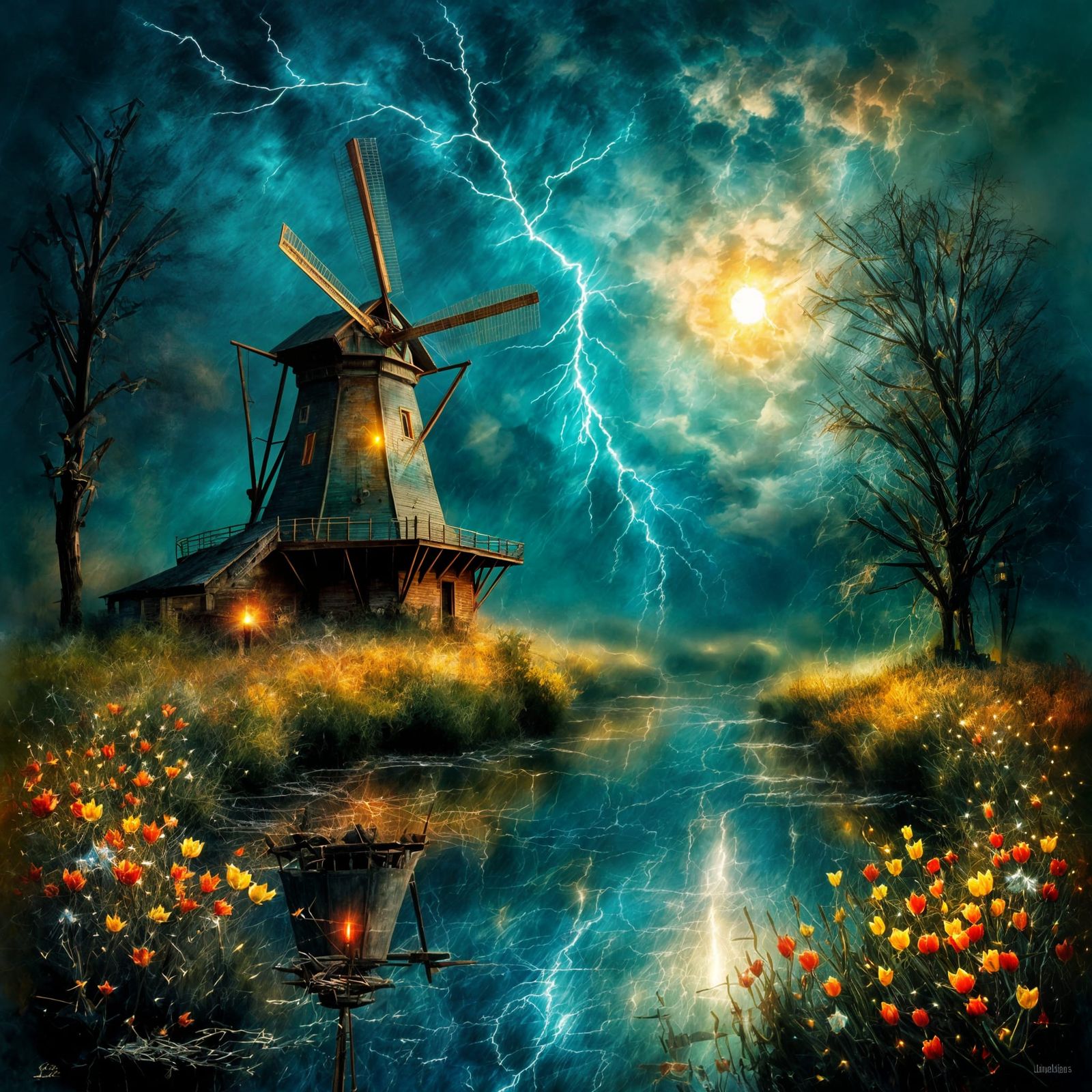 Ethereal Windmill Scene at Night