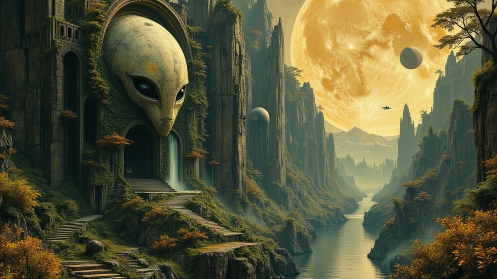 Alien Temple in Jungle Canyon with Two Moons