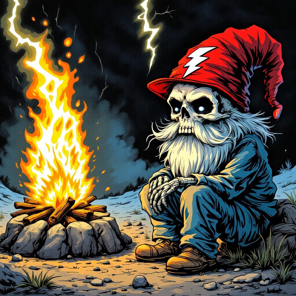 Skeletal Gnome by Campfire in Underground Comix Style