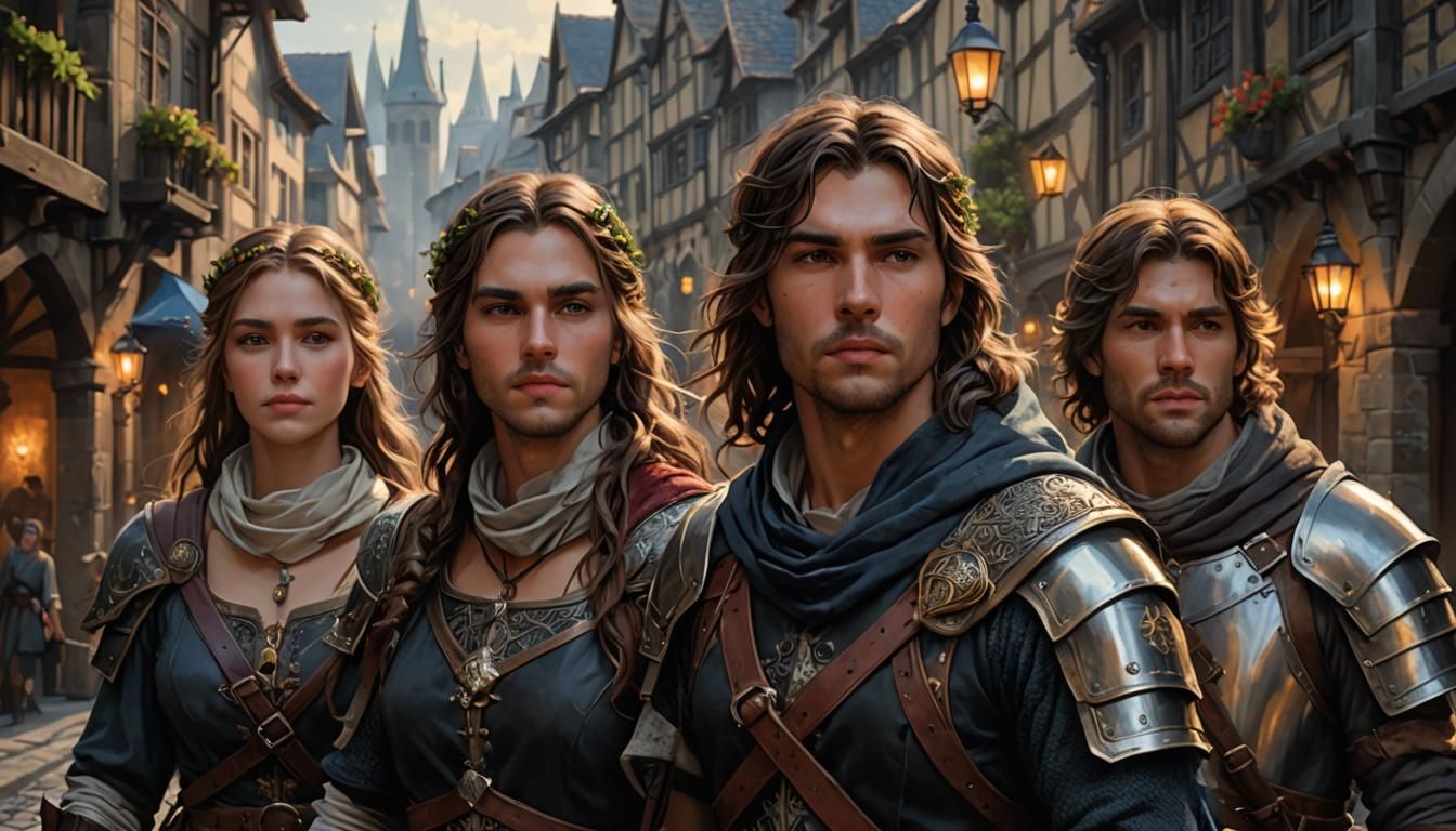 Medieval City: Adventurers in Acrylic Painting Style
