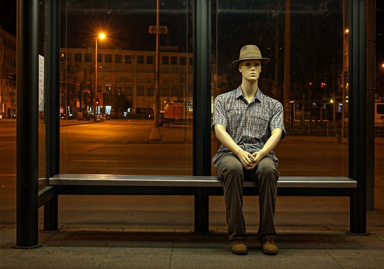 Mannequin at Abandoned Bus Stop