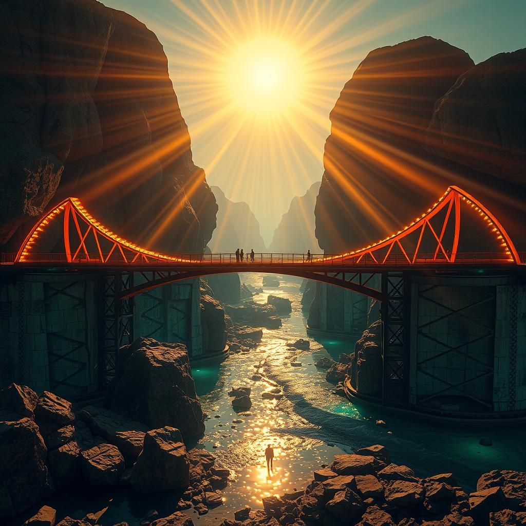Surreal Solarpunk Golden Bridge with Radiating Light