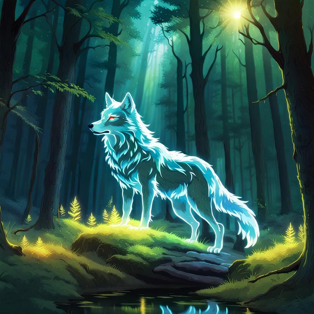 Glowing Wolf Spirit in Mystical Anime Forest