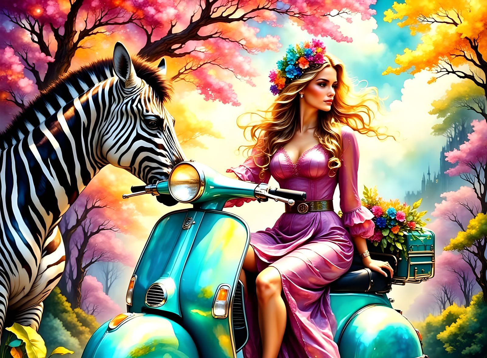 Elegant Parisian Girl Rides Vespa with Zebra on a Sunny Spri...