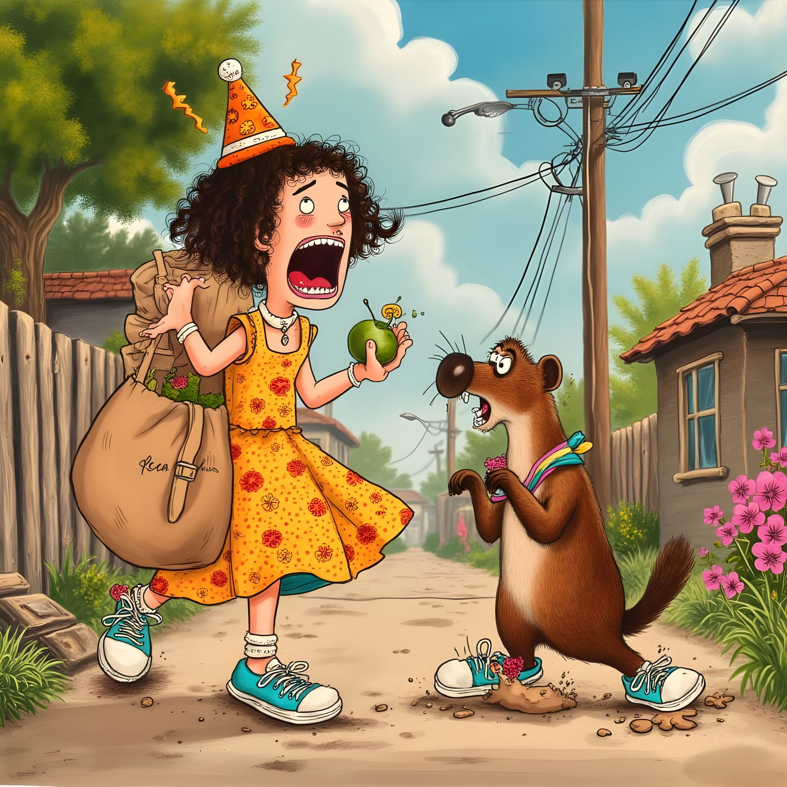 Woman Scared by Gopher in a Retro Cartoon Style