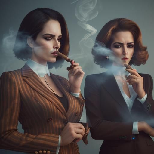 Businesswomen Smoking Cigars in 80s Style Suits
