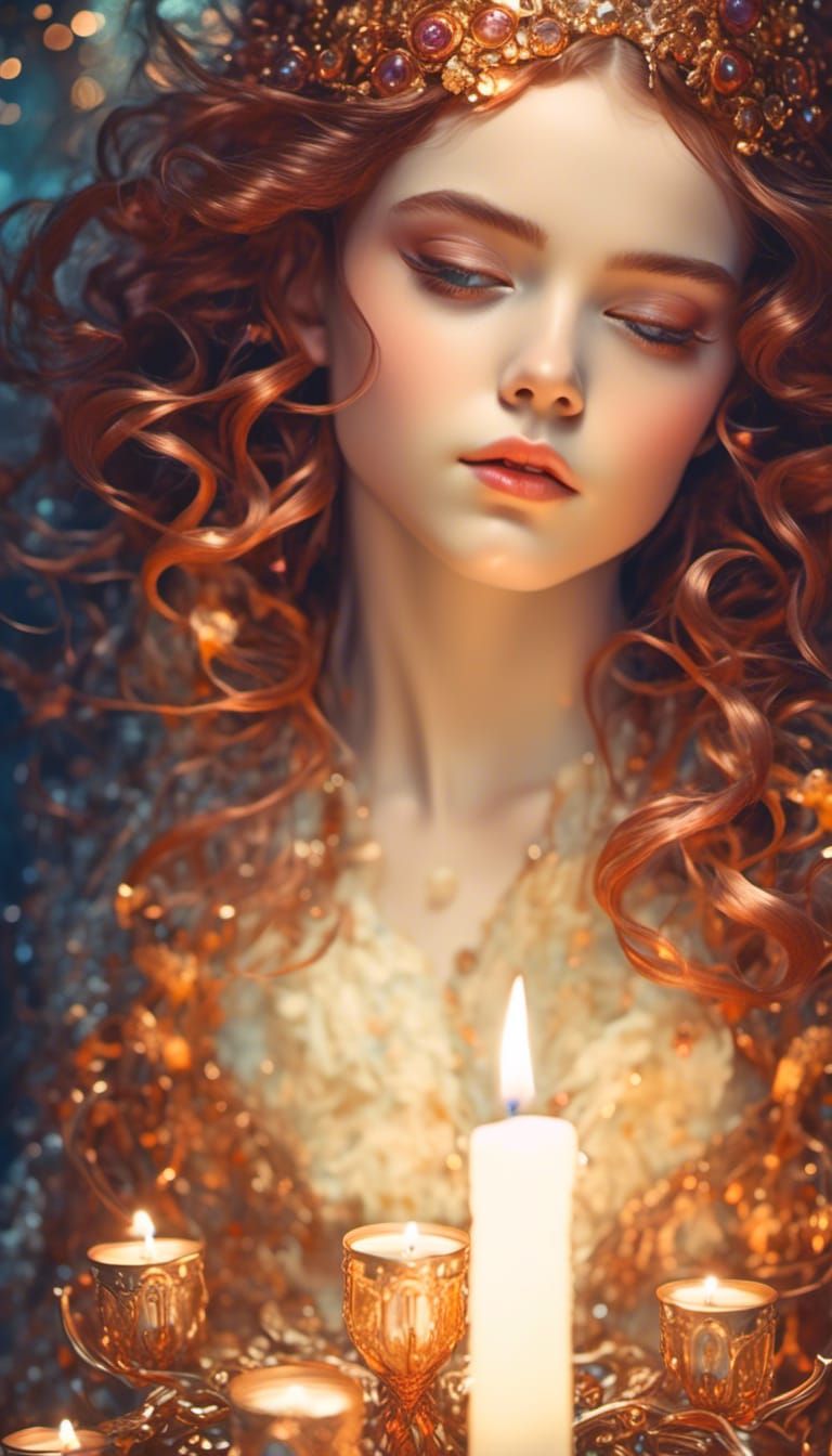Detailed Portrait of Girl with Candles in Golden Light