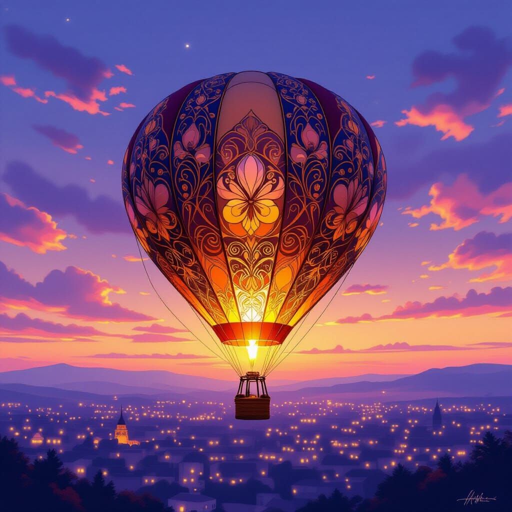 Art Nouveau Hot Air Balloon Over Twilight Cityscape