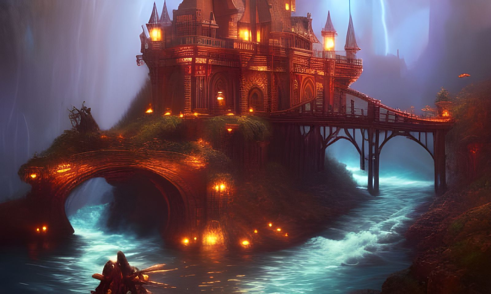 Fantasy Castle on Bridge: Oil Painting