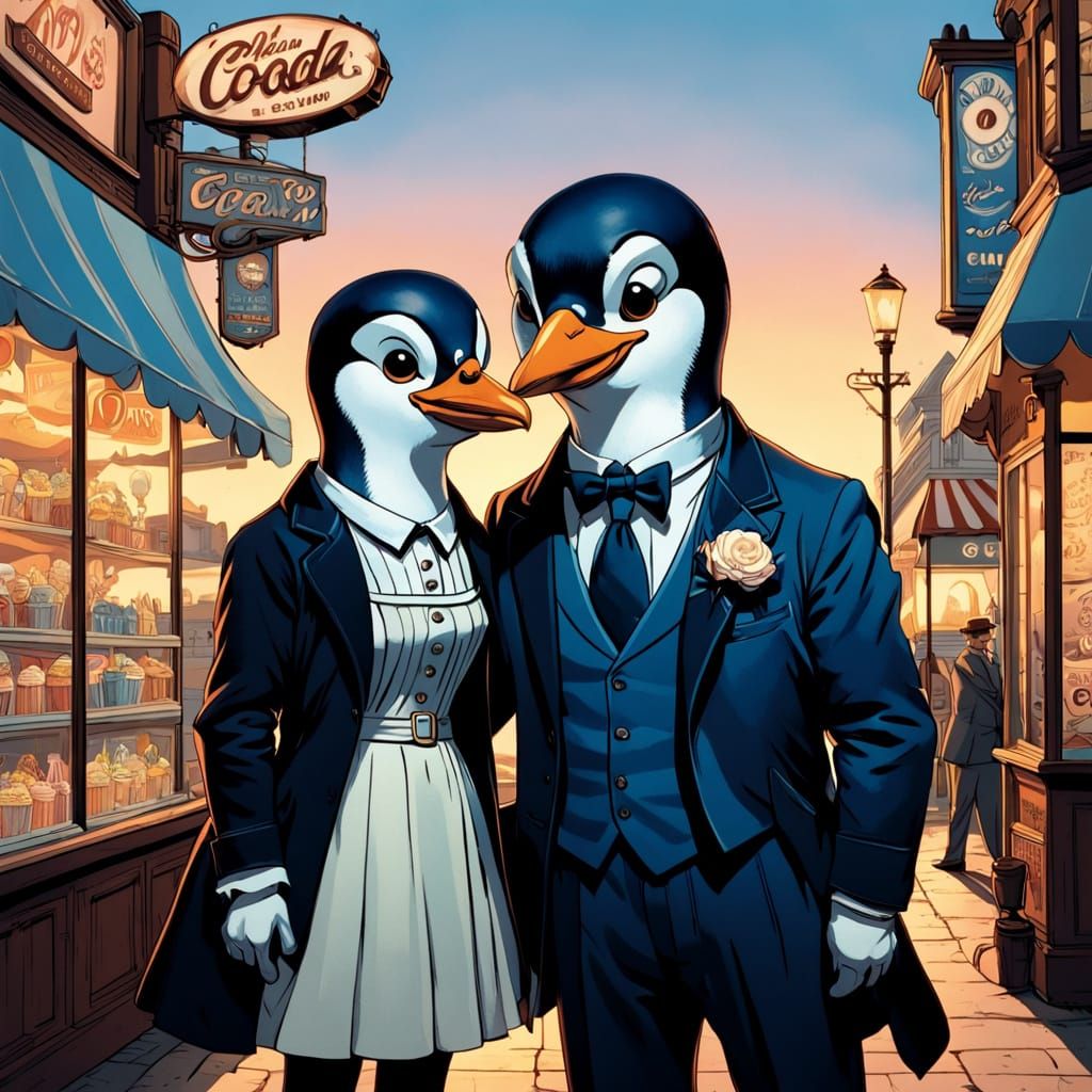 Vintage-Style Cartoon Penguins on a Romantic Soda Shop Date